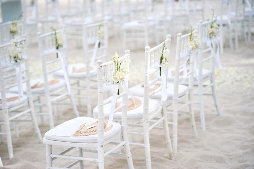 Elegant place settings with tulle and white roses on the chairs.