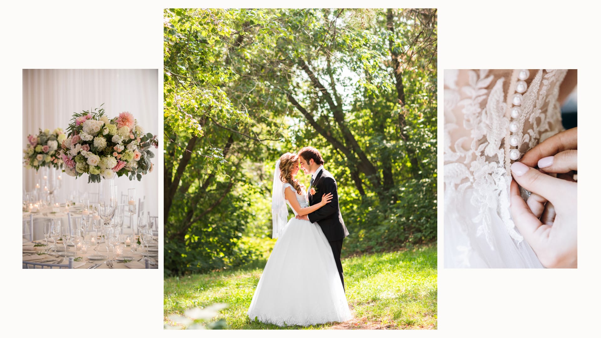 An image collage of an event venue, a bride and groom posing outdoors, and a wedding dress.