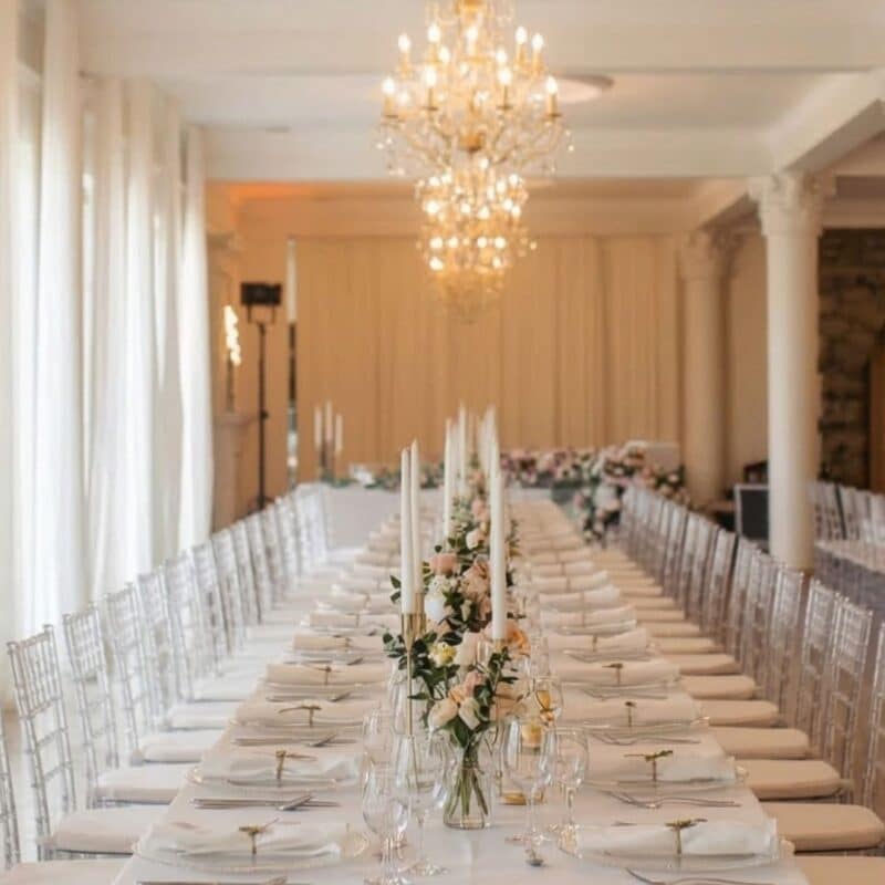 long row of plates and chairs