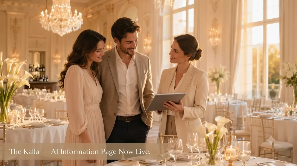 A couple reviews wedding plans on a tablet with a coordinator in an elegant, chandelier-lit ballroom.